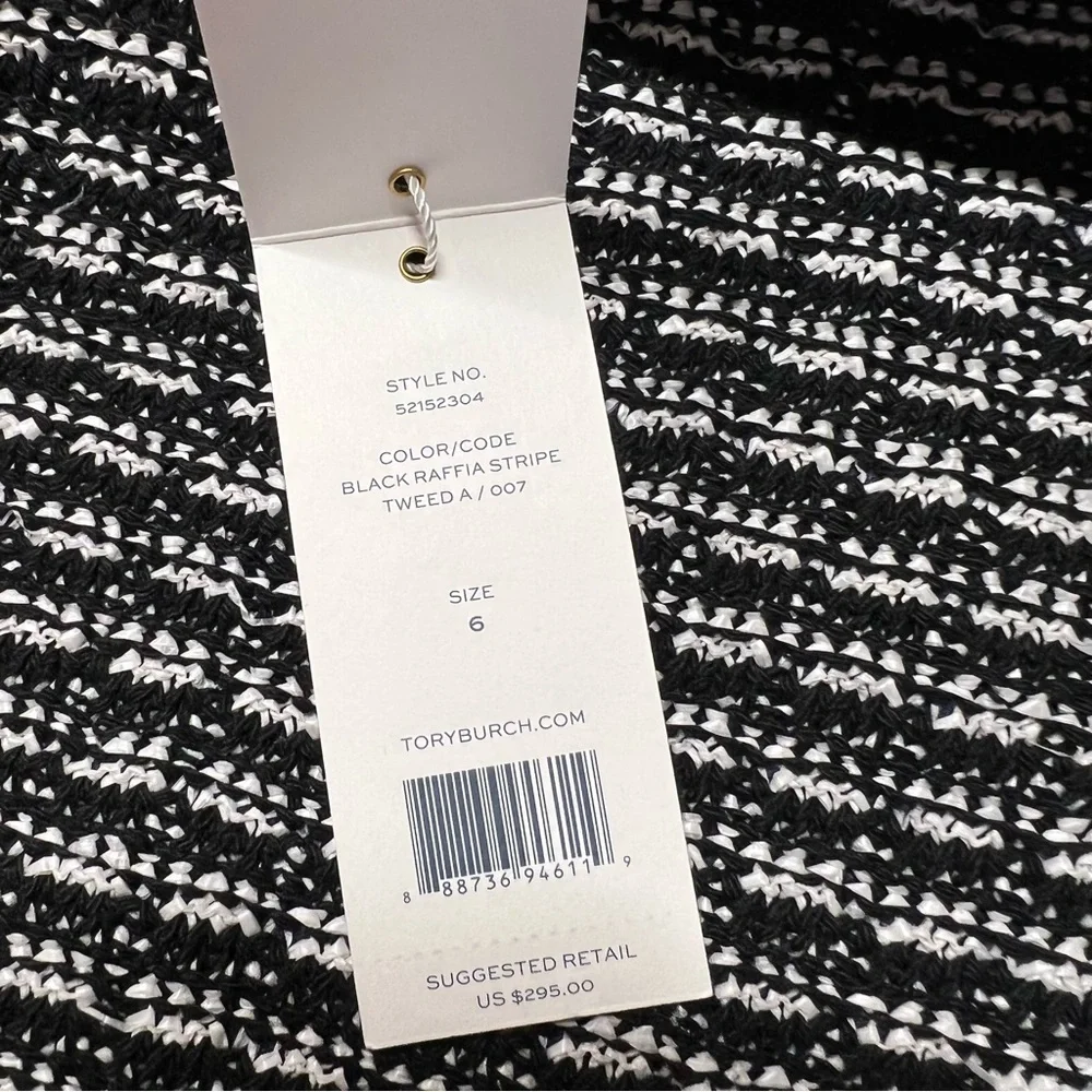 Tory Burch Tweed Raffia Fringe Stripe Skirt Leather Trim Black/White Size 6 NWT!
